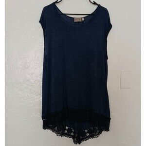 Dantelle Sleeveless Top Tunic Womens XL Navy Split Back Floral Crochet Lace boho